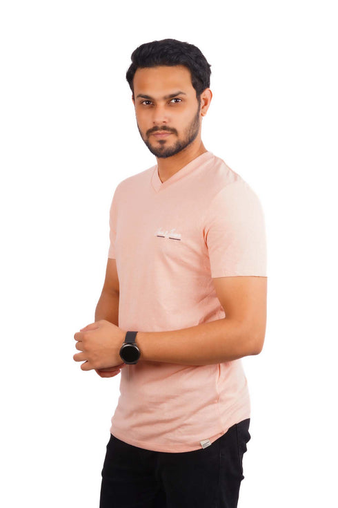 JACK & JONES - EMBROIDERED LOGO-V NECK T-SHIRT | LIGHT PEACH